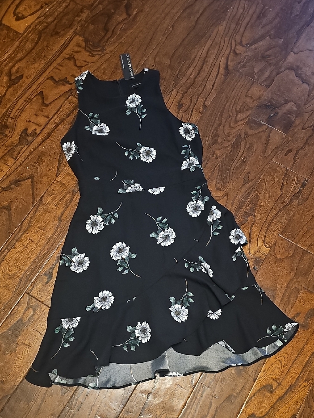 Black Floral Fit-and-Flare Dress with White Flowers